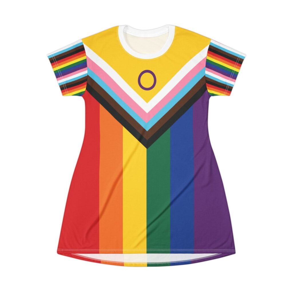 QUEERLIGHT | T-Shirt Dress | Progress Pride  Flag |. Perfect for Pride marches, rallies, protests, and Vacation Bible School (XS - 2XL)