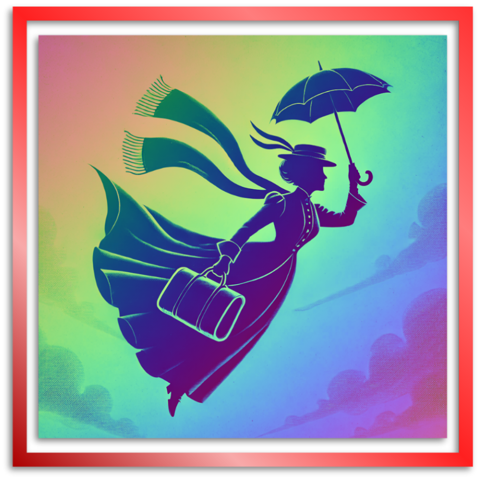 RAINBOW MARY POPPPINS a woman with a suitcase and an umbrella flying in a rainbow sky