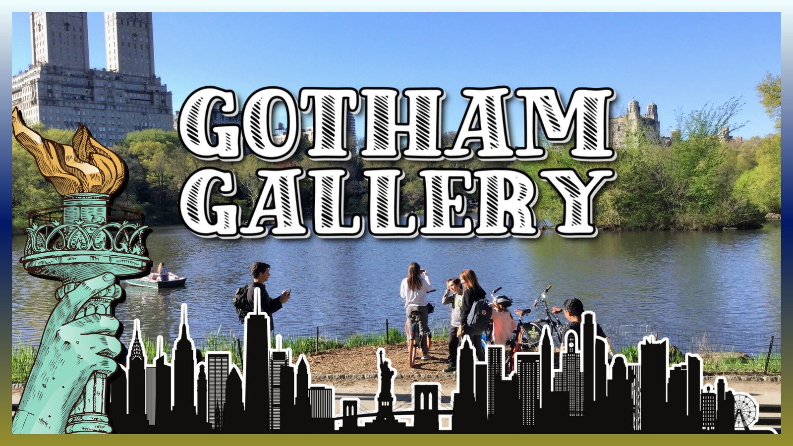 SQK SHP GOG brand banner Central Park Lake, Statue of Liberty torch and arm, NYC skyline