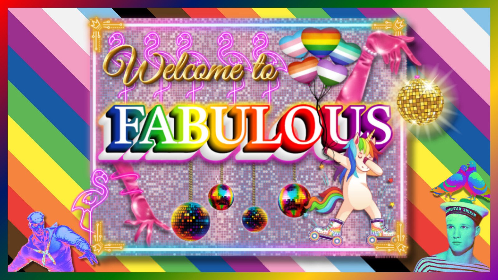 SQK SHP QRL brand banner Welcome to Fabulous" on a striped rainbowe background