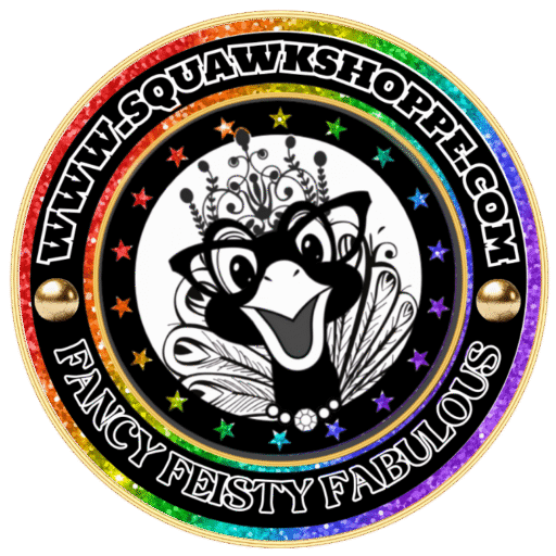 SQUAWK SHOPPE PRIDE logo the site url www.squawkshoppe.com, the site tagline "Fancy, Feist, Fabulous", and the site mascot Fairly Fabulous, a peacock, with a rainbow glitter background